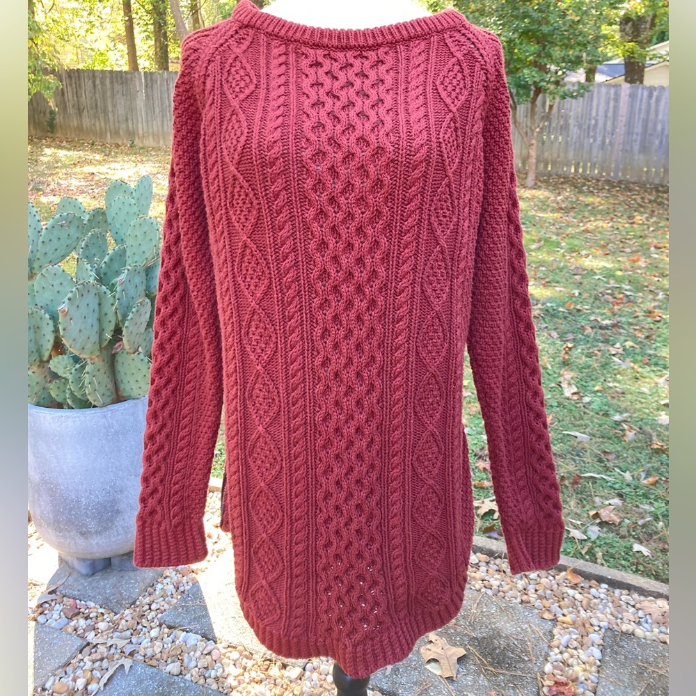 Women's L.L. Bean Signature Sweater Red Cotton Fisherman Tunic Cable Knit Heavy